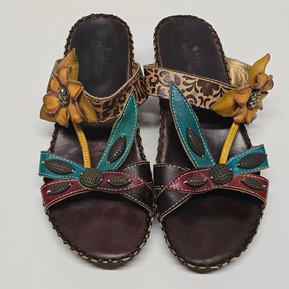 Spring Step L'Artiste Charlotte Floral Leather Wedge Slides Sandals Women's 7.5